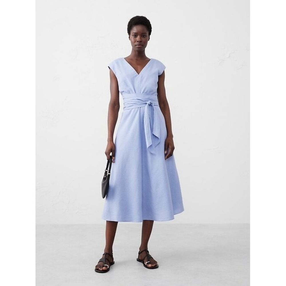 Banana Republic Linen Blend Wrap Midi Dress 16 Blue V-Neck Sleeveless Pocket